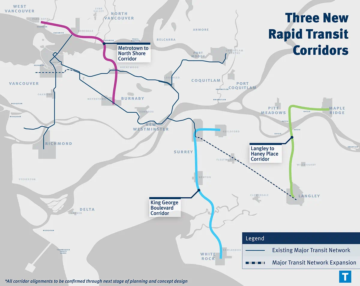 A map of the new planned BRT routes, including the Langley to Haney Place route